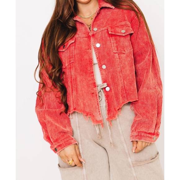 BiBi Fringe Hem Washed Corduroy Button Down Shacket